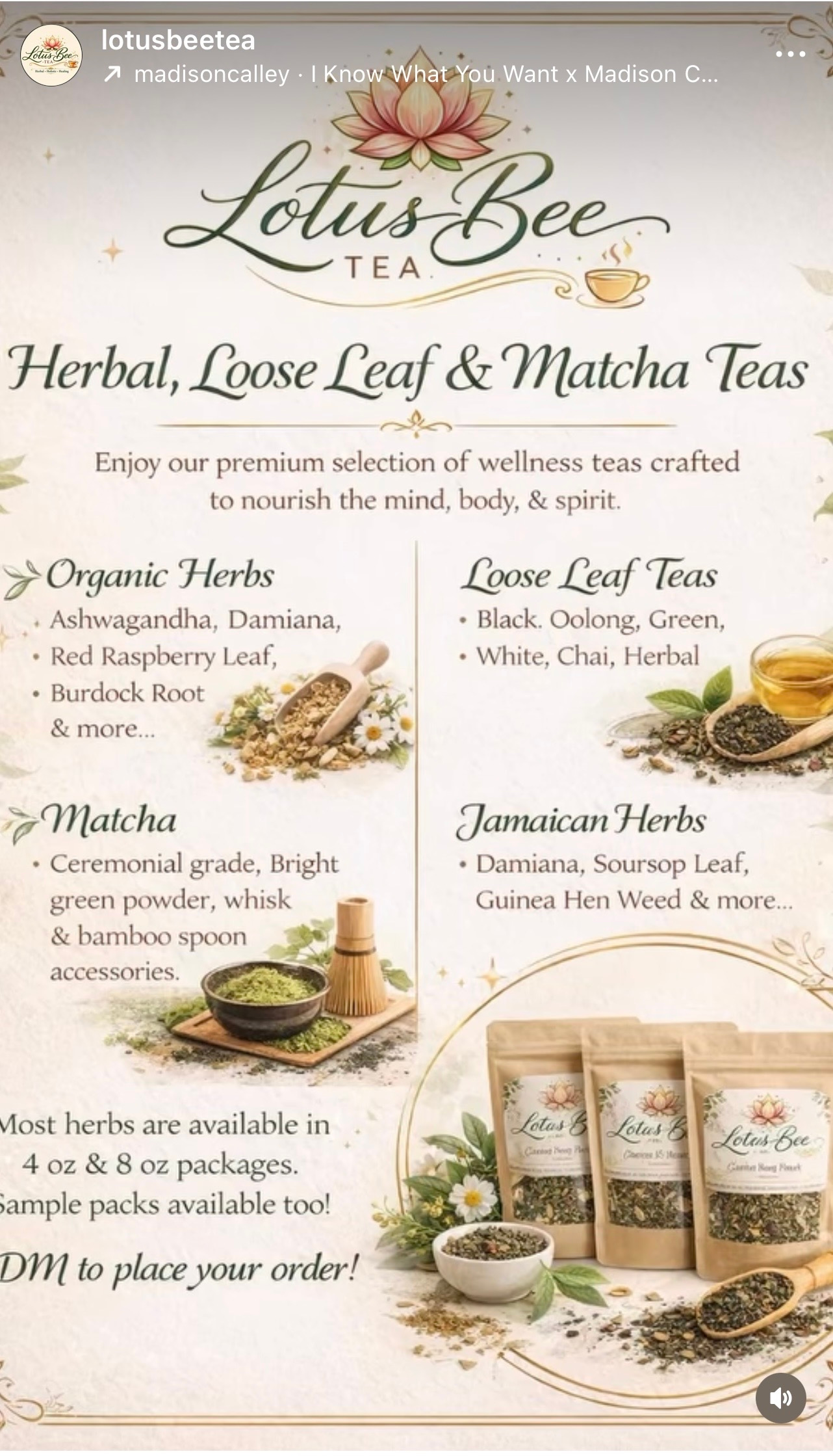 Lotus Bee Tea menu — Herbal, Loose Leaf & Matcha teas with organic herbs, loose leaf, matcha and Jamaican herbs